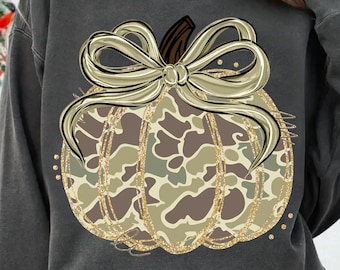 Paquete PNG de calabaza con camuflaje estilo occidental, lazo coquette desgastado con aires otoñales de camuflaje retro, diseño de calabaza con camuflaje PNG, temporada acogedora de camuflaje