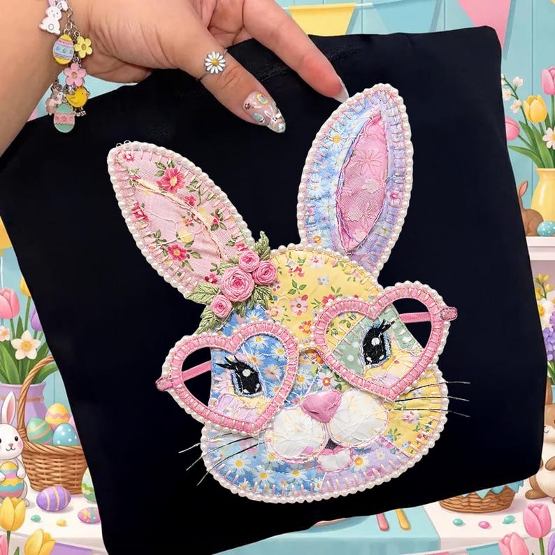 May include: Black tote bag featuring a colorful patchwork bunny face with heart-shaped glasses and floral accents. The bunny has pink, yellow, and blue floral patterns. The bag is perfect for carrying books, groceries, or other items.