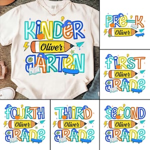 Retro Back to School Boys PNG Bundle, Custom Kindergarten Kid Name, First Day Shirt PNG, Pre-K to Fourth Grade Png, School Boy Sublimation