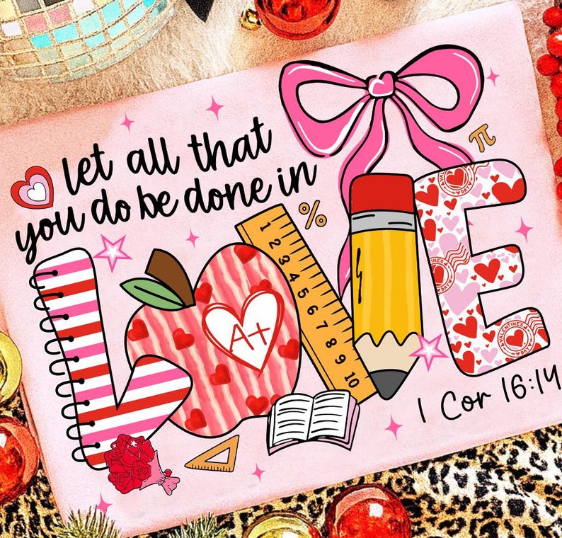Professeur amour PNG, enseignant chrétien Png, salle de classe de la Saint-Valentin, règle crayon pomme PNG, enseignant de la foi Png, professeur de versets bibliques, 1 cor 16 14 image 4