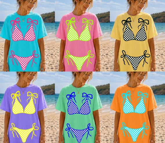Checkered Summer Bikini PNG Bundle, Neon Checkered Swimsuit Design, Coquette Beach Shirt PNG, Summer Beach Png, Girly Summer Png