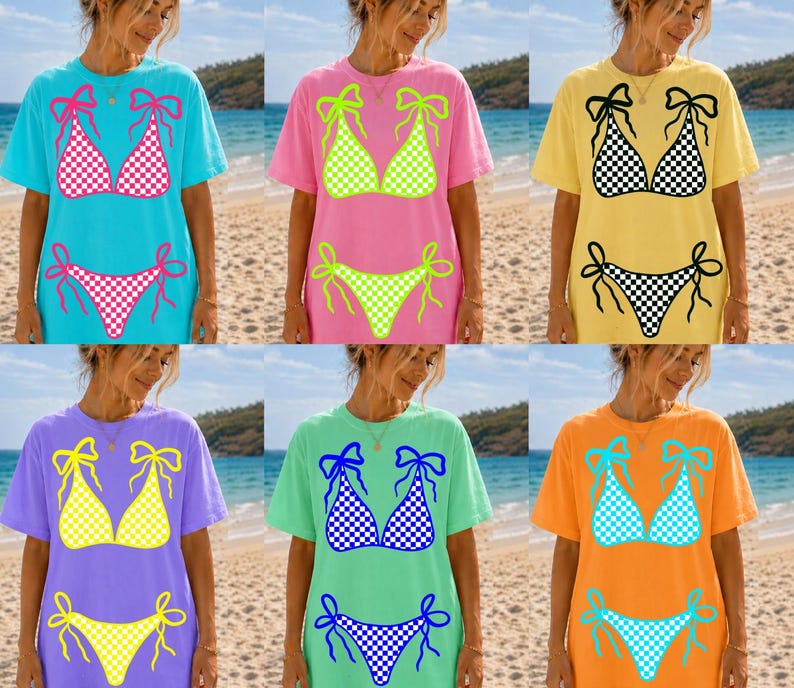 May include: Six t-shirts with bikini designs in various colours. The shirts are blue, pink, yellow, purple, green, and orange. The bikini designs have different colours and patterns, some with checkered patterns.