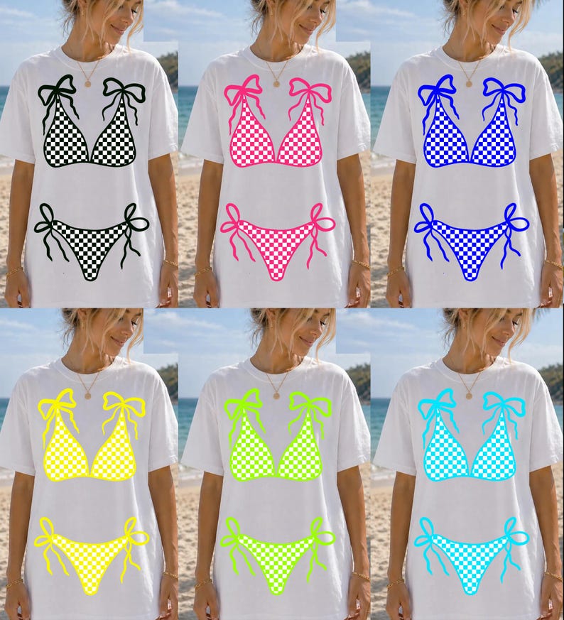May include: White t-shirts with bikini designs in black and white, pink, blue, yellow, green, and turquoise checkered patterns. Each design includes a bikini top and matching bottoms, perfect for summer.