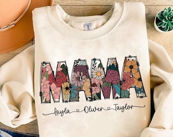 Peronalized Mama with kid names png, mama flower png, retro mama png, mama groovy png, mothers day png, mama graphic, floral mama png