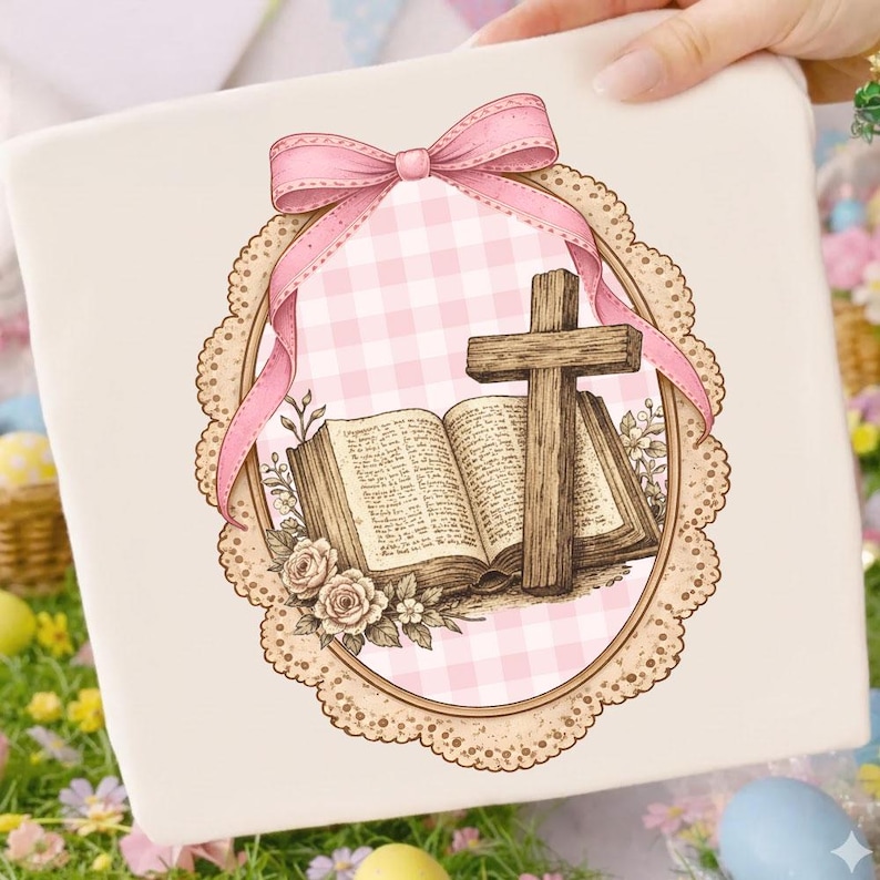 May include: A cream-colored gift box featuring a pink bow and an oval design with a cross, open book, and roses. The background of the oval is a pink and white gingham pattern. The design is framed by a scalloped lace border.