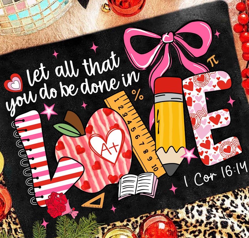 Professeur amour PNG, enseignant chrétien Png, salle de classe de la Saint-Valentin, règle crayon pomme PNG, enseignant de la foi Png, professeur de versets bibliques, 1 cor 16 14 image 2