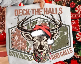 Christmas Deer Hunting Camo PNG, Deck the hall with bucks and calls Png, Merry and Bright Holiday Deer Head Sublimation, Funny Christmas