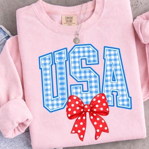 May include: A light pink sweatshirt with the word "USA" in blue and white gingham print. A red bow with white polka dots is below the text. A silver necklace with a pendant hangs near the collar.