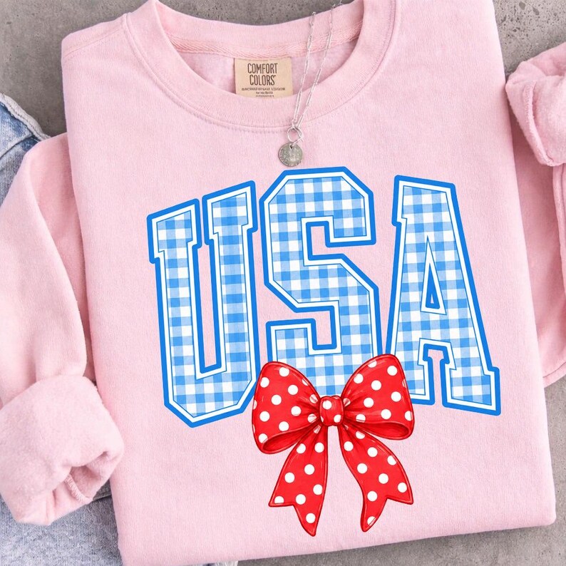 May include: A light pink sweatshirt with the word "USA" in blue and white gingham print. A red bow with white polka dots is below the text. A silver necklace with a pendant hangs near the collar.