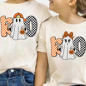 Checkered Boo Ghost Halloween Pumpkin Png, Halloween Kids Name Png, Coquette Bow, Ballcap, Girl Boy Halloween Png, Spooky Season Png
