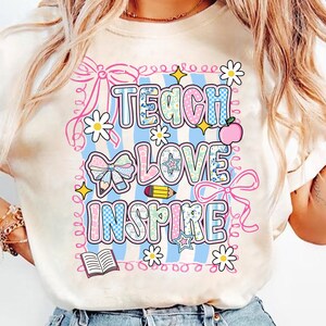 Floral Teach Love Inspire Coquette Bow Design, Back to School Bundle Png, Girly Checkered Coquette, Coquette First Day Of School png