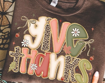 Preppy Give Thanks PNG, Preppy Leopard Pumpkins Autumn PNG, Preppy Thanksgiving PNG, Thankful Png, Faux Glitter, Coquette Png, Fall Pumpkin