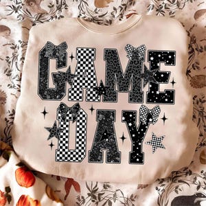 Game Day PNG, Black White Game Day Shirt Design, Checkered Star Football PNG, Retro Sports Sublimation Download, Coquette Game Day Png