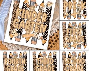 Back To School Pencil PNG Bundle, Neutral Leopard Gingham Pencil Design, School Supplies PNG, Pre-K to Fourth Grade , First Day of School