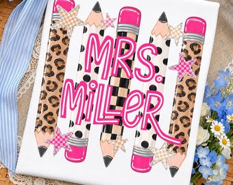 Neon Custom Name Preppy Pencil Leopard Shirt PNG, Teacher Checkered PNG, Personalized Back to School Design, Teacher Gift, Digital Download
