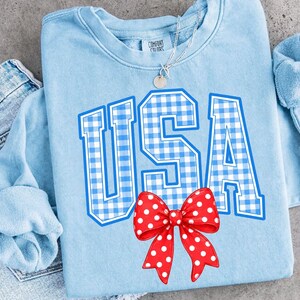 May include: Light blue sweatshirt with the word "USA" in blue and white gingham print. A red bow with white polka dots is on the bottom right. A silver necklace with a small pendant is at the top.