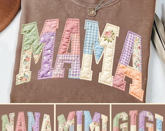 Patchwork Floral Mama Png Bundle, Grandma Core Png, Faux Embroidered Mom Shirt Design, Varsity Mom Png, Mothers Day Png, Cottagecore