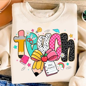 Personalized Preppy Teacher Pencil Coquette Bow Doodle Png, Custom Teacher Name Png, Preppy Teach Love Inspire Png, Checkered, Leopard