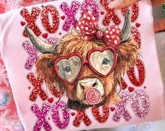 Valentine Highland Cow png, XOXO Valentine Coquette Png, Valentine Heart Png, Love Png, Valentine's Day Shirt Design, Western Valentine Png