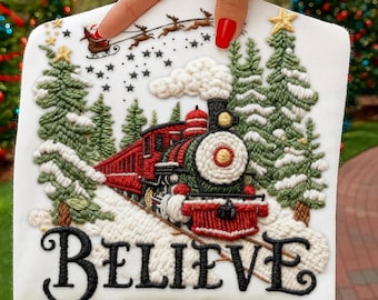 Faux Yarn Believe North Pole Train Png, Christmas Train To North Pole, Yarn Christmas Tree Design Png, Girly Christmas Sublimation Png