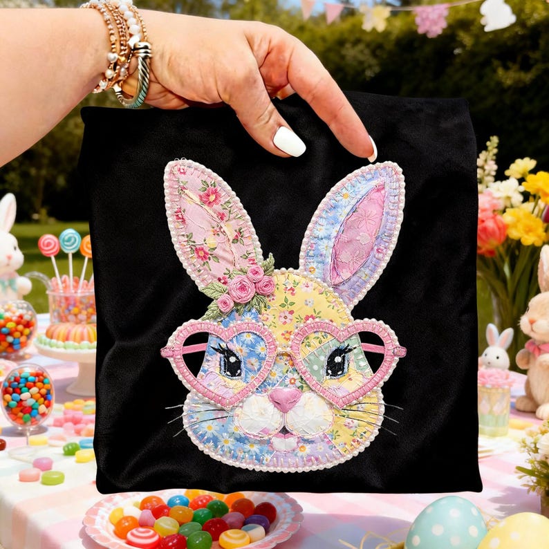 May include: A black square bag with a colorful appliqued bunny face. The bunny has heart-shaped glasses, floral ears, and a pink nose. The bag is held up by a hand, with a festive Easter-themed background.