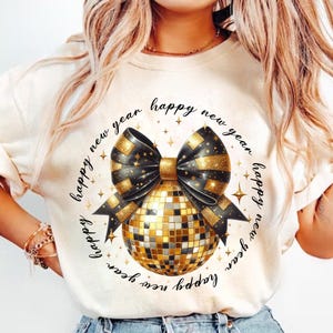 Coquette Happy New Year 2025 Png, New Years Coquette Bow Png, Black And Gold Glitter Disco Ball Png, Hello 2025 Png, Cheers New Years Png