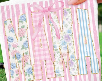 Striped Mama Coquette Floral PNG Bundle, Trendy Ditsy Grandmillennial Sublimation Design, Gift for Mother's Day, Preppy Mom Design
