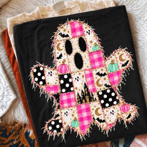 Fantasma de Halloween Patchwork PNG, Fantasma de Halloween PNG, Halloween rosa PNG, Fantasma Patchwork PNG, Diseño de camiseta de fantasma espeluznante, Sublimación de Halloween