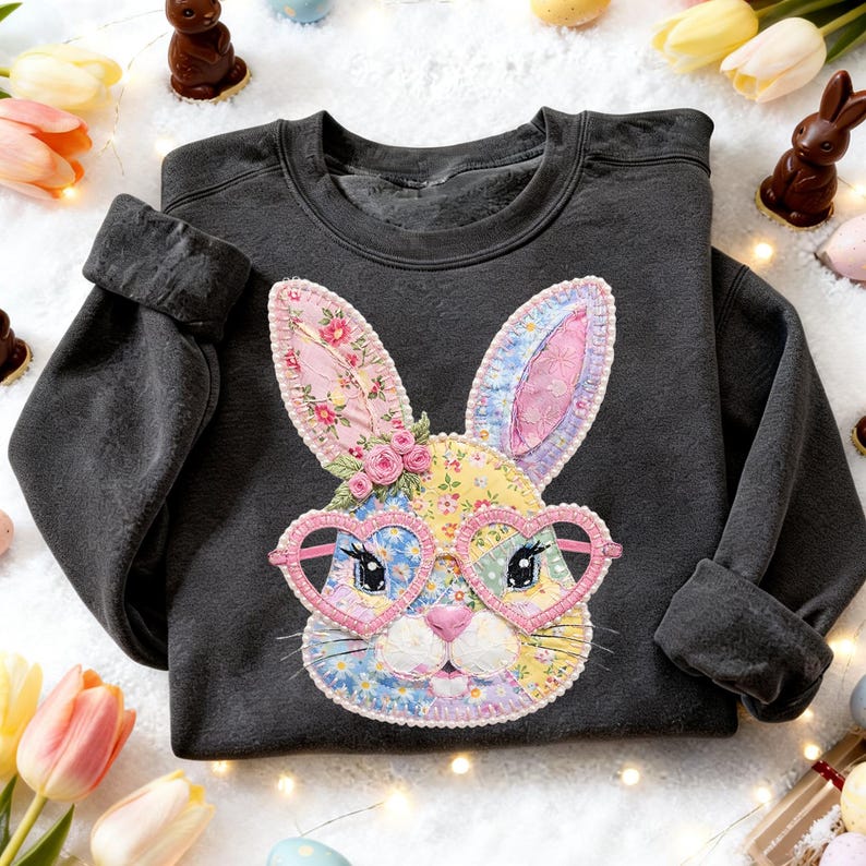 May include: Dark gray sweatshirt featuring a colorful bunny face applique. The bunny has heart-shaped glasses and floral accents. The design incorporates various patterns and colors, including pink, blue, and yellow. The sleeves are cuffed.