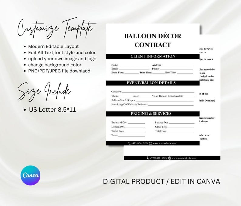 Editable Balloon Decor Contract Template, Balloon Artist Service