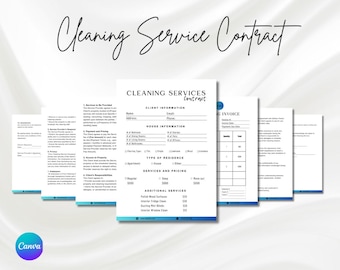 May include: A black and white cleaning service contract template with the title "Cleaning Service Contract" in a blue and white font. The contract includes sections for client information, house information, type of residence, services and pricing, and additional services. The contract also includes an invoice section.