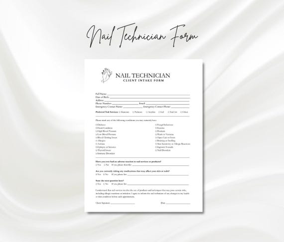 Nail Technician Client Intake, Nail Tech Consultation Form, Manicure & Pedicure Nail Form PDF