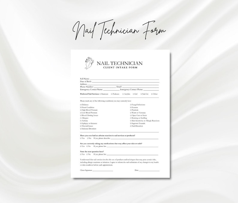May include: Black and white client intake form for nail technicians. The form includes sections for personal information, emergency contact, preferred nail services, medical conditions, and allergies. It also includes a client signature line and a date field.