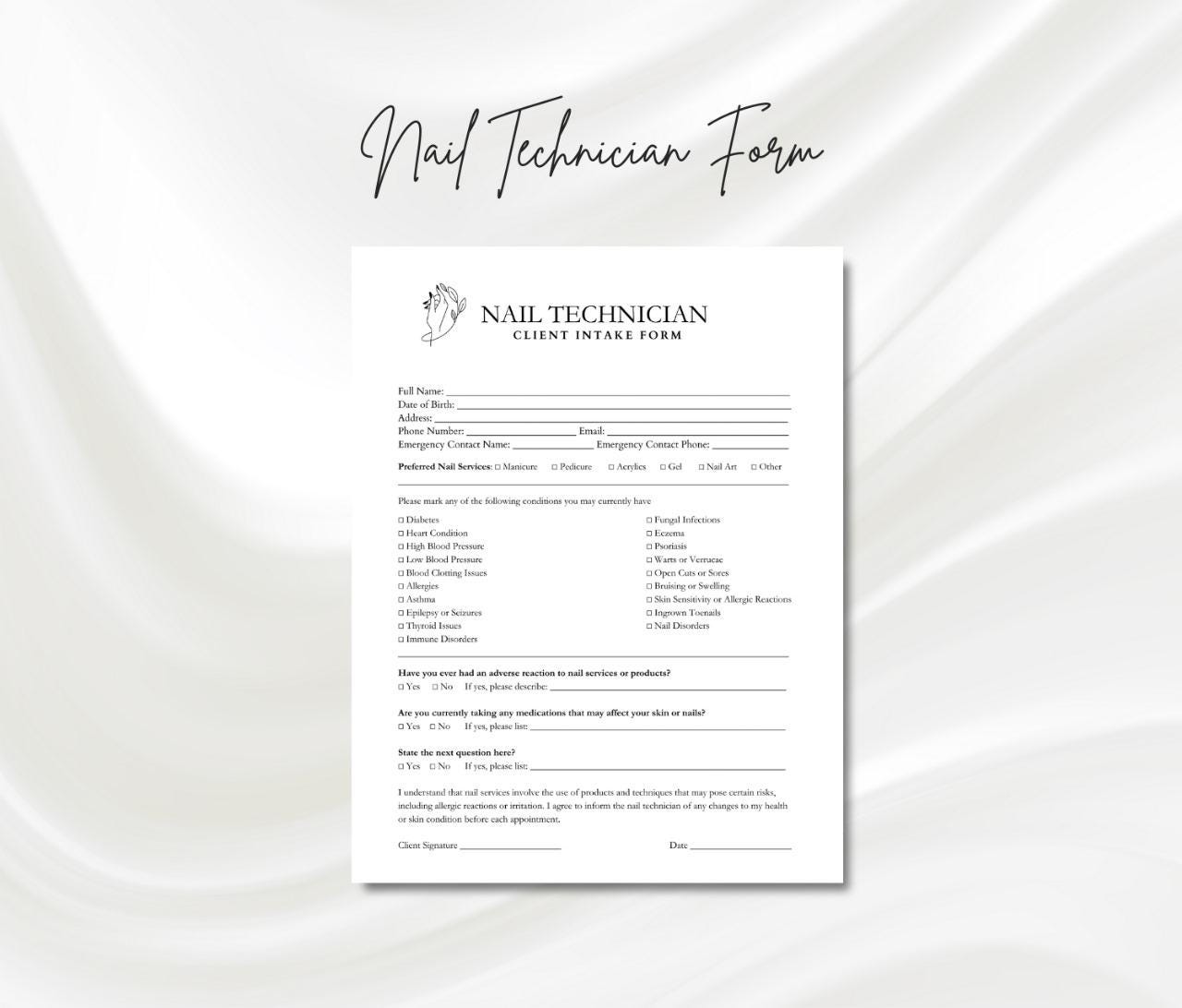 Nail Technician Client Intake, Nail Tech Consultation Form, Manicure ...