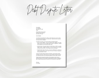 Puede incluir: Una plantilla de carta de disputa de deuda en blanco y negro con el título "Carta de disputa de deuda". La plantilla incluye campos para su nombre, dirección y el nombre y la dirección de la agencia de cobro de deudas. La carta proporciona instrucciones sobre cómo disputar una deuda e incluye información sobre la Ley de Prácticas Justas de Cobro de Deudas (FDCPA).