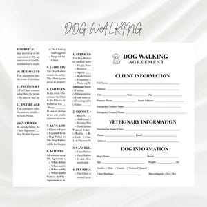 Könnte beinhalten: Hunde-Gassi-Vereinbarungsformular mit Abschnitten für Kunden-, Tierarzt- und Hundeinformationen. Enthält Felder für vollständigen Namen, Adresse, Telefon, Hundenamen, Rasse, Alter und Gewicht. Der Text "Dog Walking" steht oben.