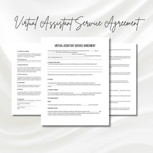 May include: A black and white document titled "Virtual Assistant Service Agreement". The document is divided into sections with headings such as "Scope of Services", "Term", "Hours of Work", and "Compensation".