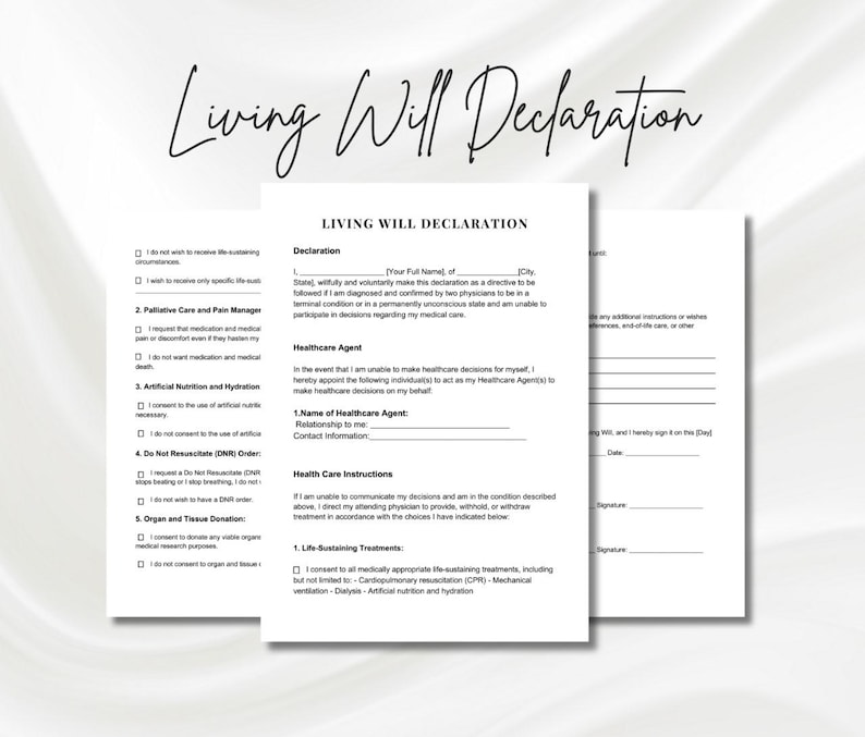 Printable Living Will Form, Living Will Declaration Template, Health Care Directive PDF, Legal ...
