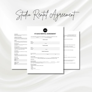 May include: Black and white studio rental agreement form with sections for tenant and studio information. The form includes fields for names, addresses, phone numbers, email addresses, and payment methods.