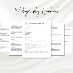 May include: A black and white contract template for videography services. The document includes sections for model release, force majeure, indemnification, liability, compensation, and late fees.