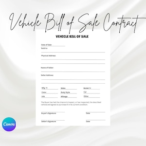 Könnte beinhalten: Ein druckbares Fahrzeug-Kaufvertrag-Formular in Schwarzweiß. Das Formular enthält Abschnitte für das Verkaufsdatum, die Informationen des Verkäufers und des Käufers, die Fahrzeugdetails und die Unterschriften.