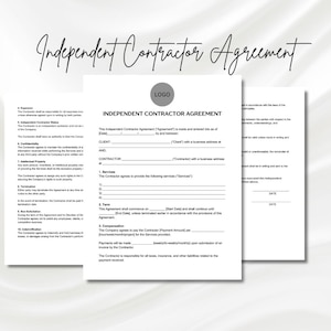 May include: A black and white independent contractor agreement legal document with the title "Independent Contractor Agreement" and the word "LOGO" at the top of the page.