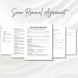 May include: A black and white printable snow removal agreement form. The form includes sections for the service provider, client, services provided, service frequency, and service timing.