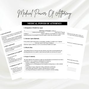 May include: A black and white medical power of attorney form with the title "Medical Power of Attorney" at the top. The form includes sections for designating a health care agent, an alternate agent, the effective date, and the scope of authority.