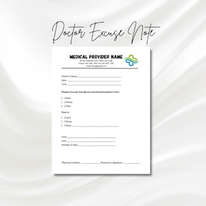 Könnte beinhalten: Eine schwarz-weiße Vorlage für eine ärztliche Entschuldigung mit einem grün-blauen Logo. Die Vorlage enthält Felder für den Namen des medizinischen Anbieters, den Namen des Patienten, das Datum, die Uhrzeit, den Grund für die Abwesenheit und die Anzahl der Tage.