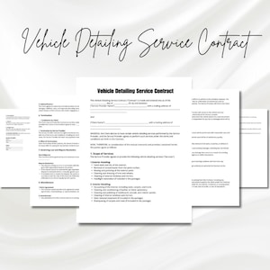 May include: A stack of white Vehicle Detailing Service Contract forms with black text. The contract includes sections on services, terms, and conditions. The title is written in a cursive font. The background is a soft, blurred pattern.