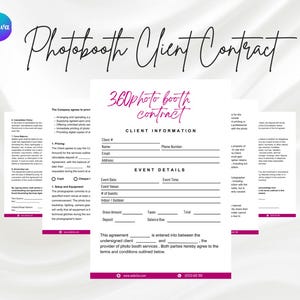以下が含まれることがあります： 「360 Photo Booth Contract」というタイトルのピンクと白のフォトブースの顧客契約書テンプレート。契約書には、顧客情報、イベントの詳細、および利用規約のセクションが含まれています。