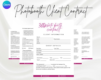Puede incluir: Una plantilla de contrato de cabina de fotos rosa y blanca con el título "360 Photo Booth Contract". El contrato incluye secciones para la información del cliente, los detalles del evento y los términos y condiciones.