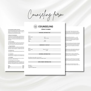 May include: A black and white counseling form with the title "COUNSELING Client Intake" at the top. The form includes sections for personal information, emergency contact, referral information, and employment information.