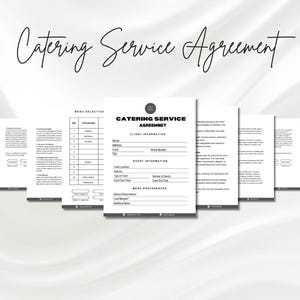 Könnte beinhalten: Ein schwarz-weißes Catering-Service-Vertragsformular mit Abschnitten für Kundeninformationen, Eventinformationen und Menüpräferenzen. Das Formular enthält einen Titel mit der Aufschrift "Catering Service Agreement".